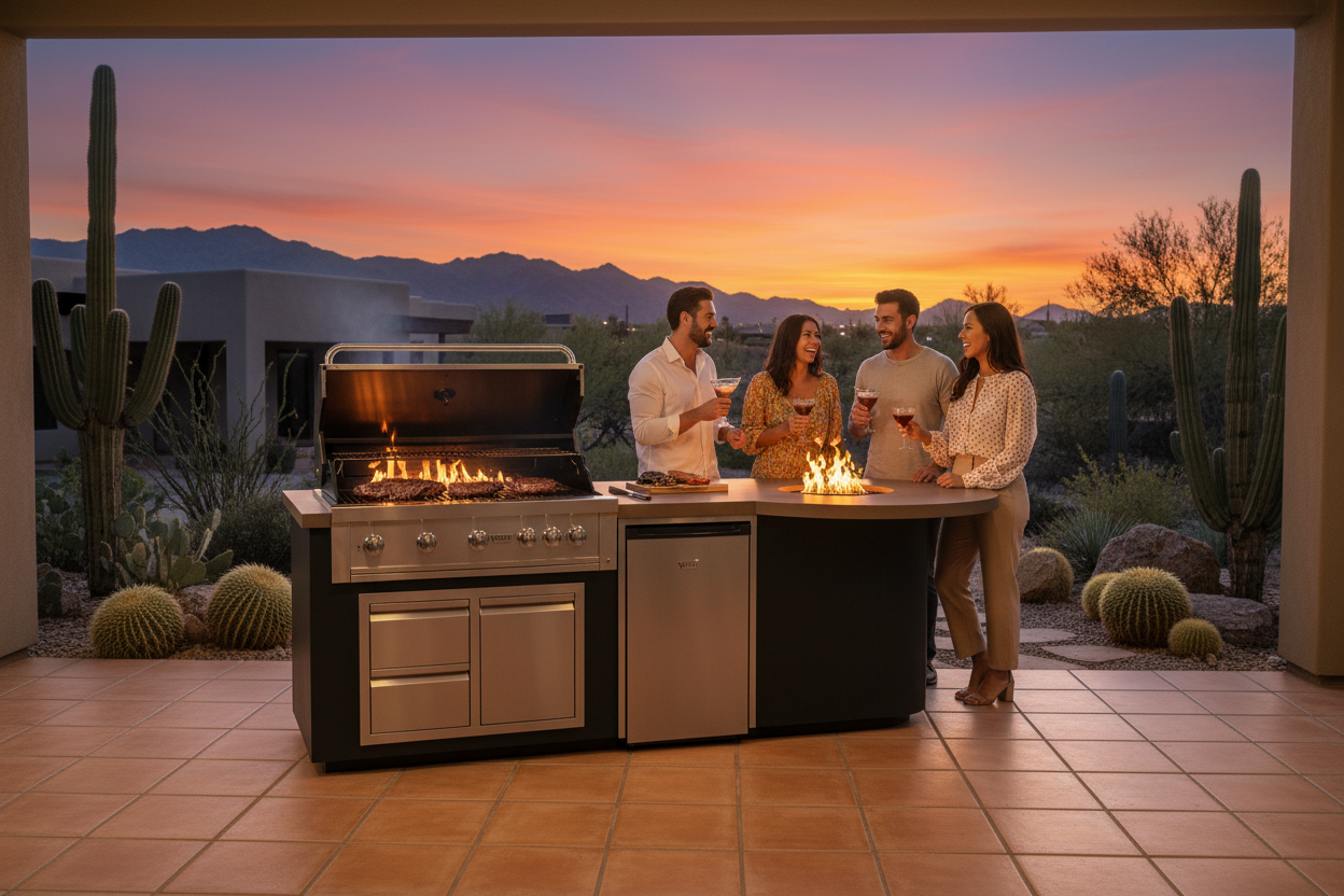 An outdoor kitchen island setup at dusk with three people standing beside a stainless steel and black gas grill and a small fire pit. The scene is set on a tiled patio with cacti and mountains in the background under a colorful sunset sky.