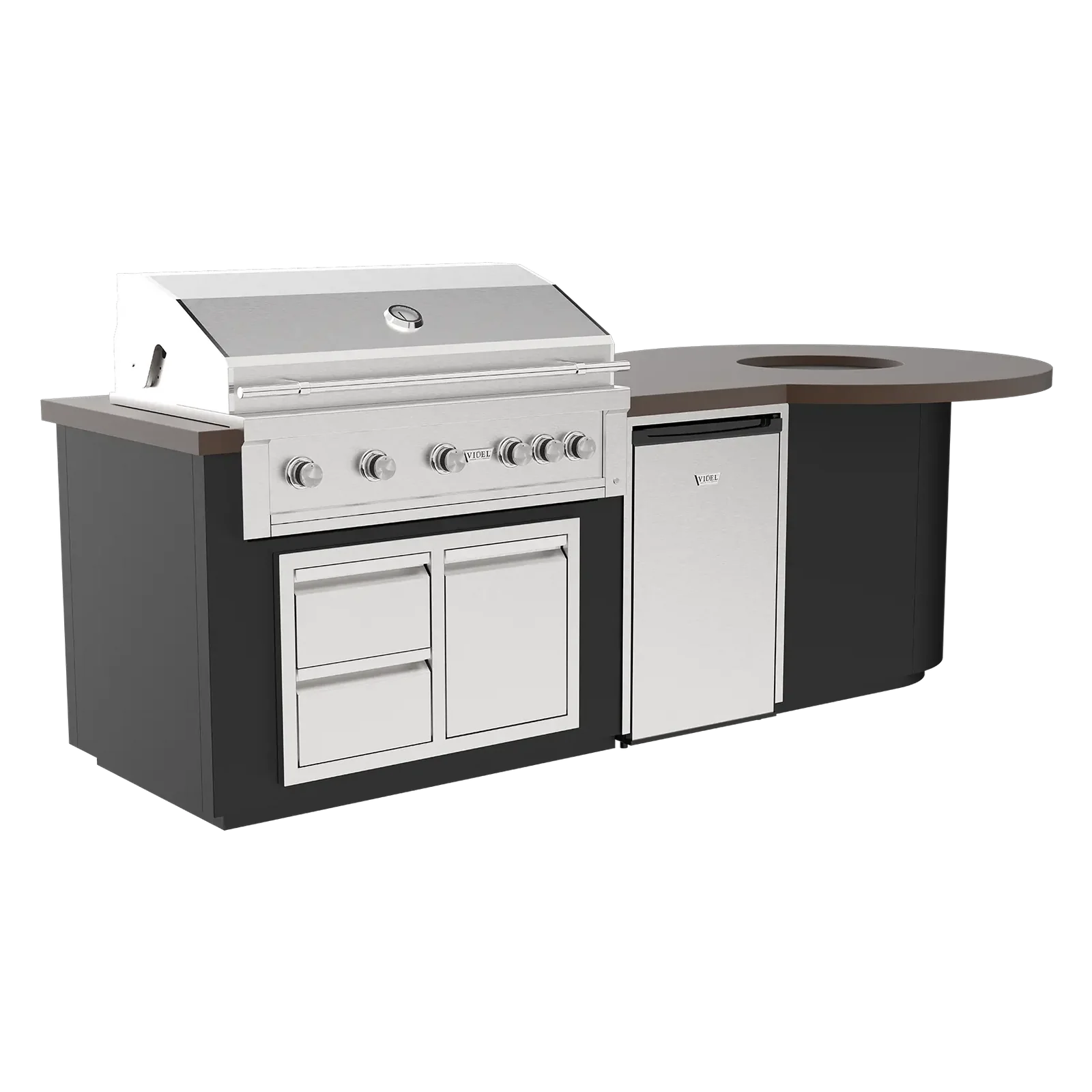 Videl USA 112" Luxe I Fire Pit Complete BBQ Island - Gran Fuego 42" 5-Burner Grill with built-in fire pit, refrigerator, and combo doors and drawers