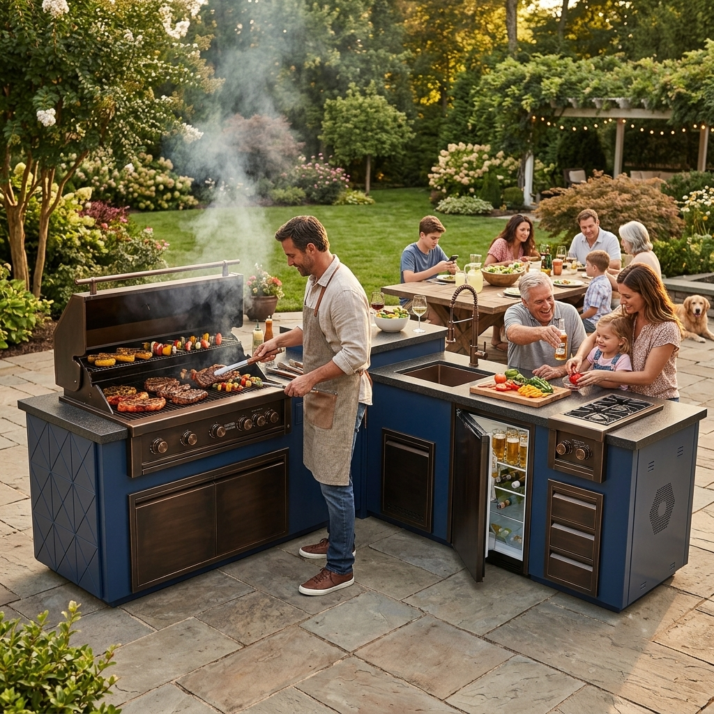 An outdoor kitchen island set with a built-in grill and refrigerator, shown in a backyard patio setting with a family cooking and dining together.