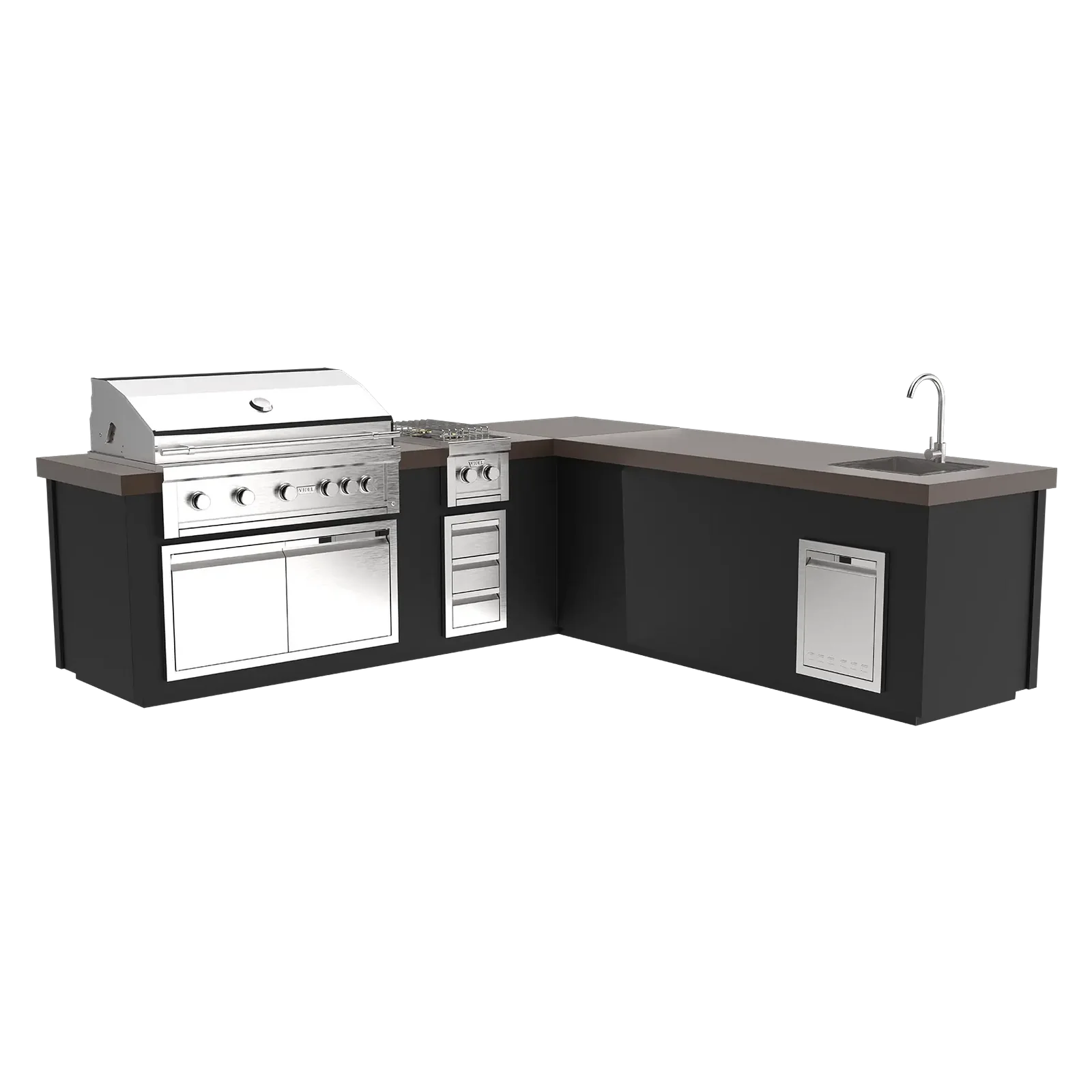 Outdoor kitchen with grill, cabinets, and sink on a white background