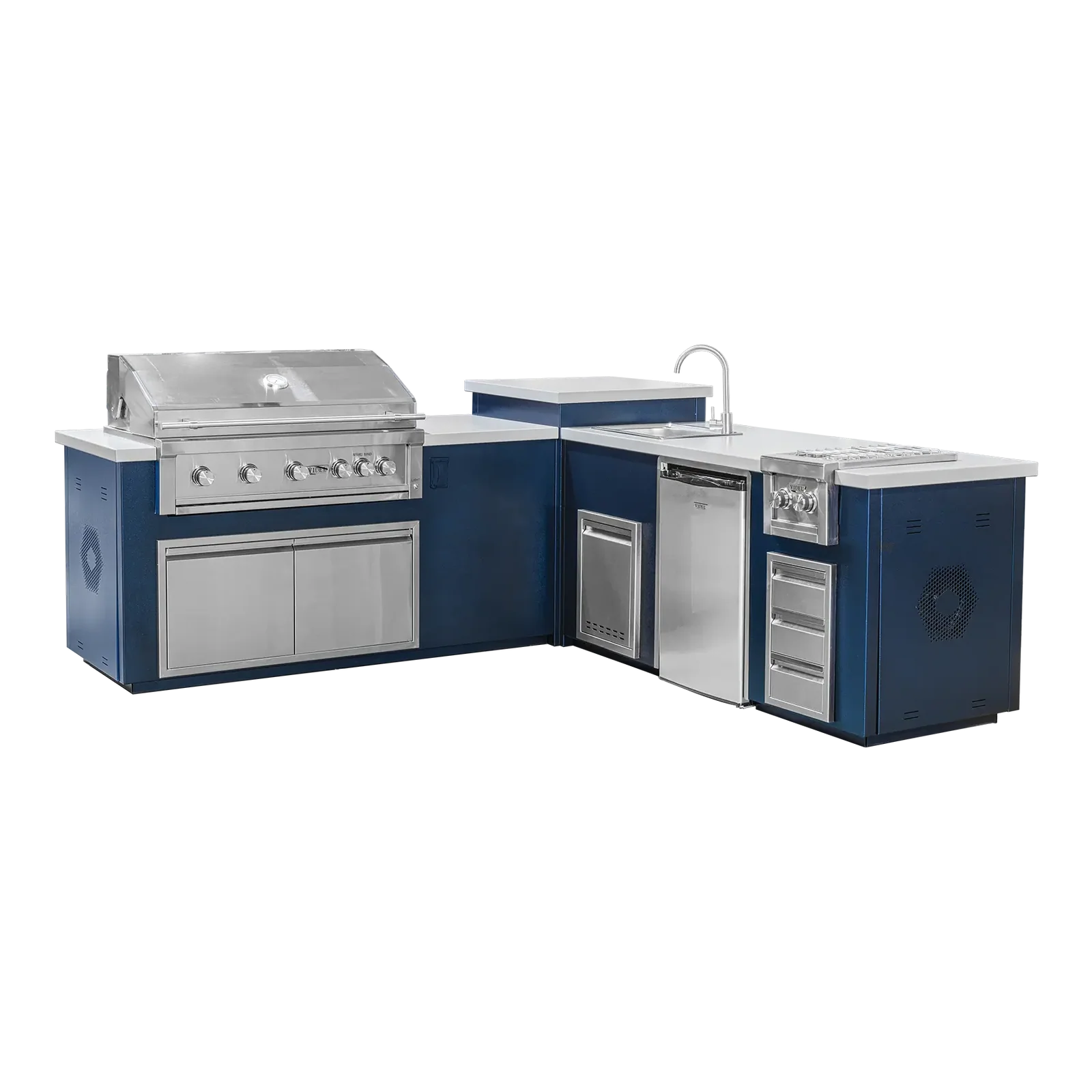 Outdoor kitchen with blue cabinets and stainless steel appliances on a white background