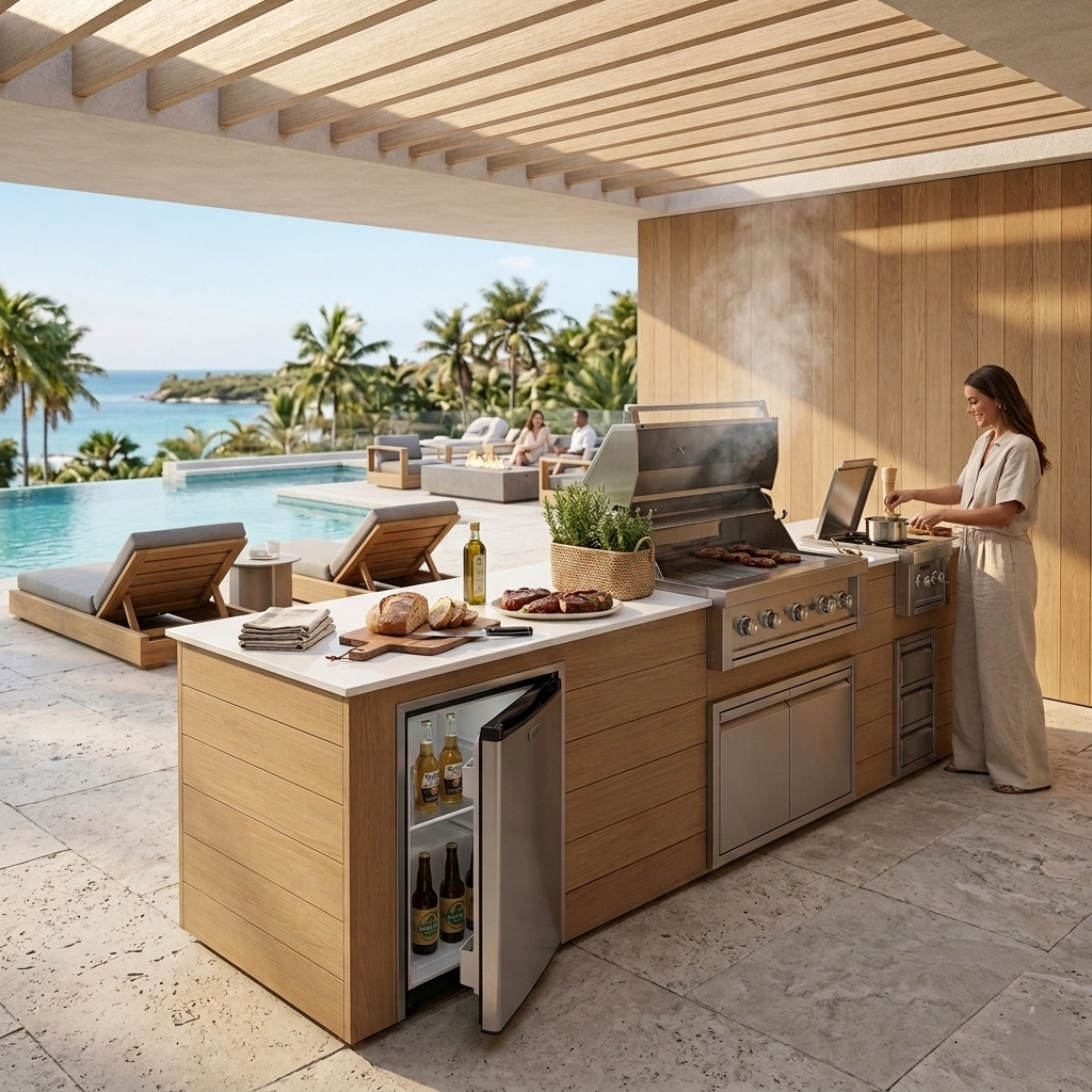 Outdoor kitchen island with a built-in refrigerator, grill, and cooktop, set in a luxurious patio environment with a woman preparing food near a pool and ocean view.