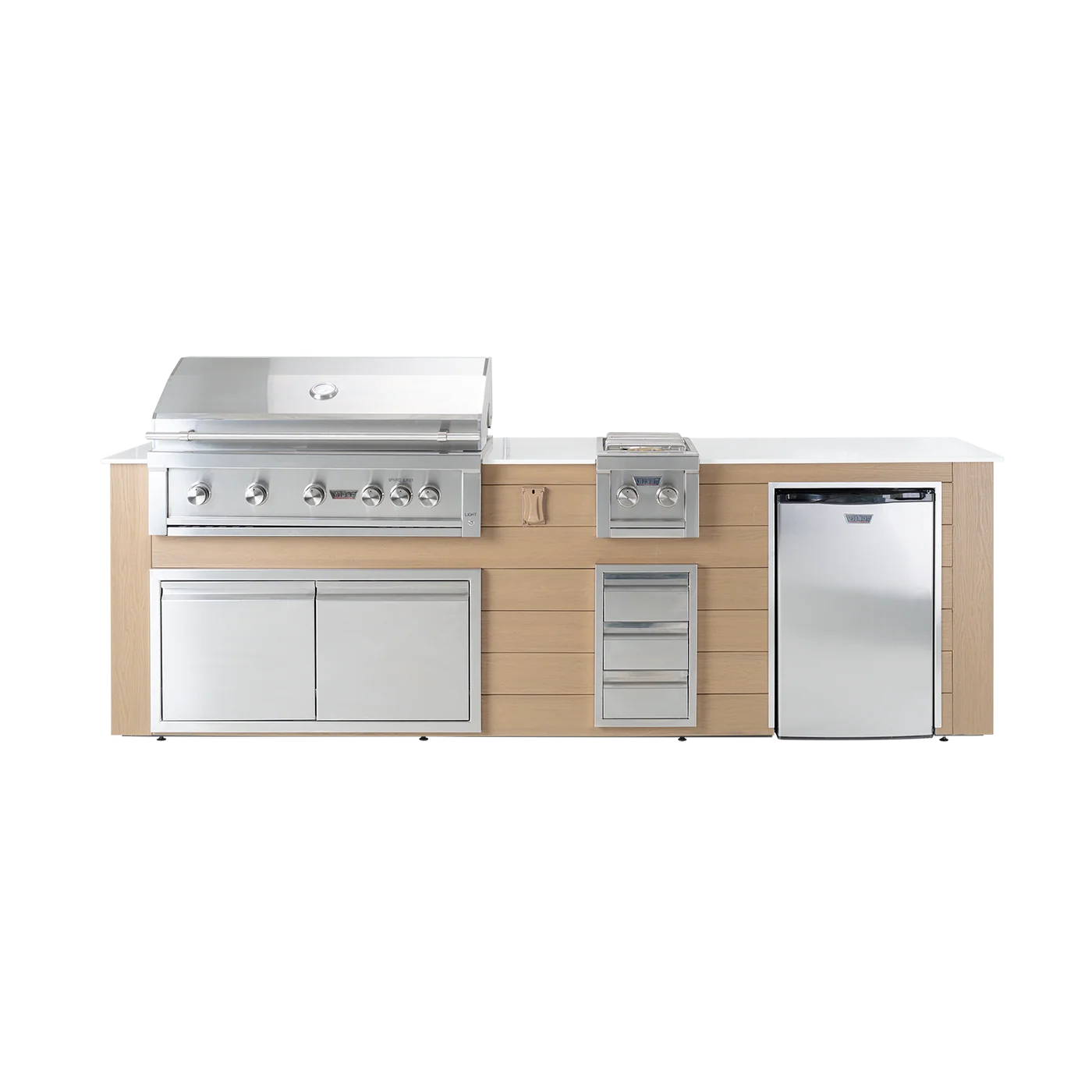 Outdoor kitchen island with stainless steel appliances on a white background