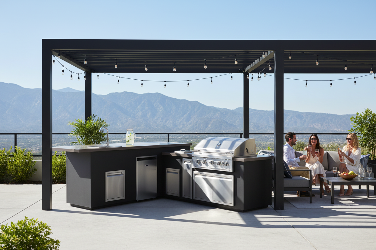 Outdoor kitchen island with a stainless steel gas grill under a black pergola on a patio, with people sitting nearby and mountains in the background.