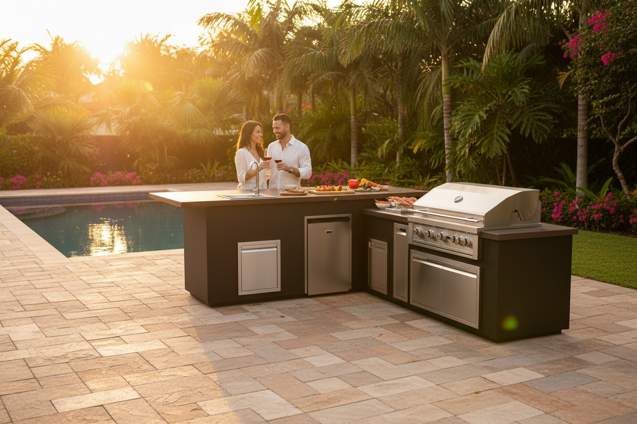 Outdoor kitchen island with a stainless steel grill and built-in appliances, set on a tiled patio beside a swimming pool with palm trees and two people standing in the background at sunset.
