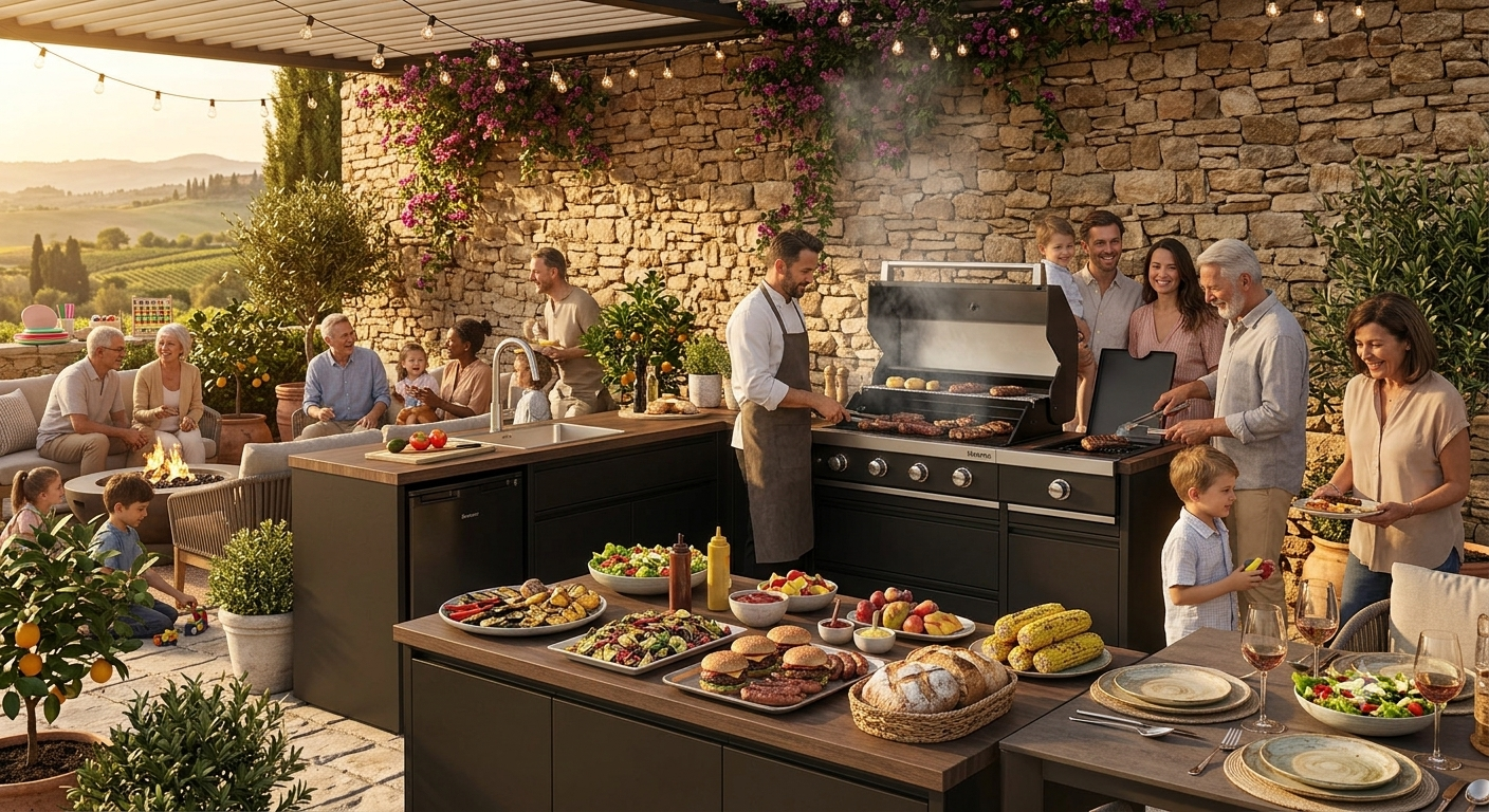 A large outdoor kitchen island with a built-in black gas grill, surrounded by a group of people grilling and serving food on a stone patio under warm evening lighting.