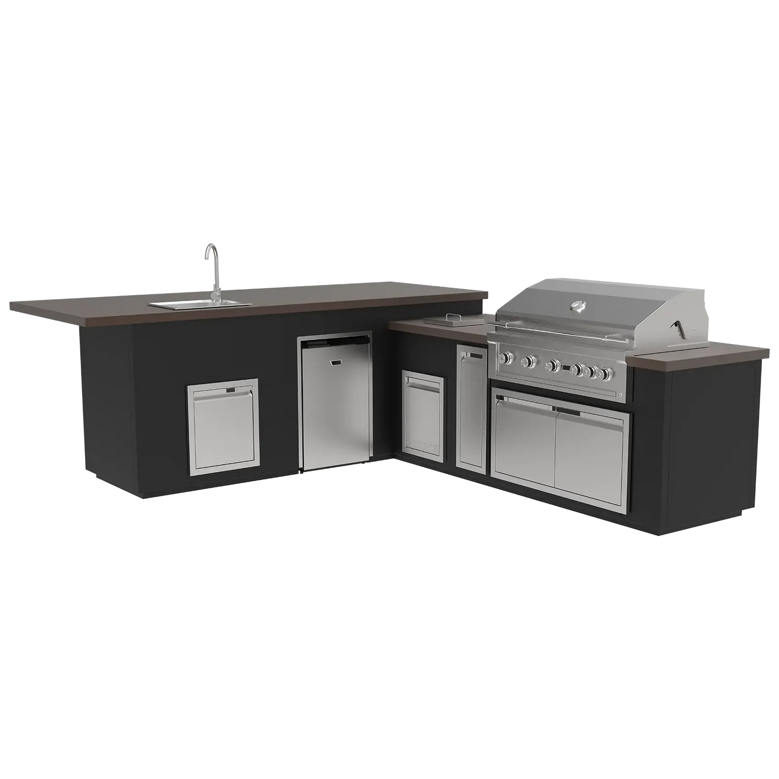 Outdoor kitchen island with grill, sink, and cabinets on a white background