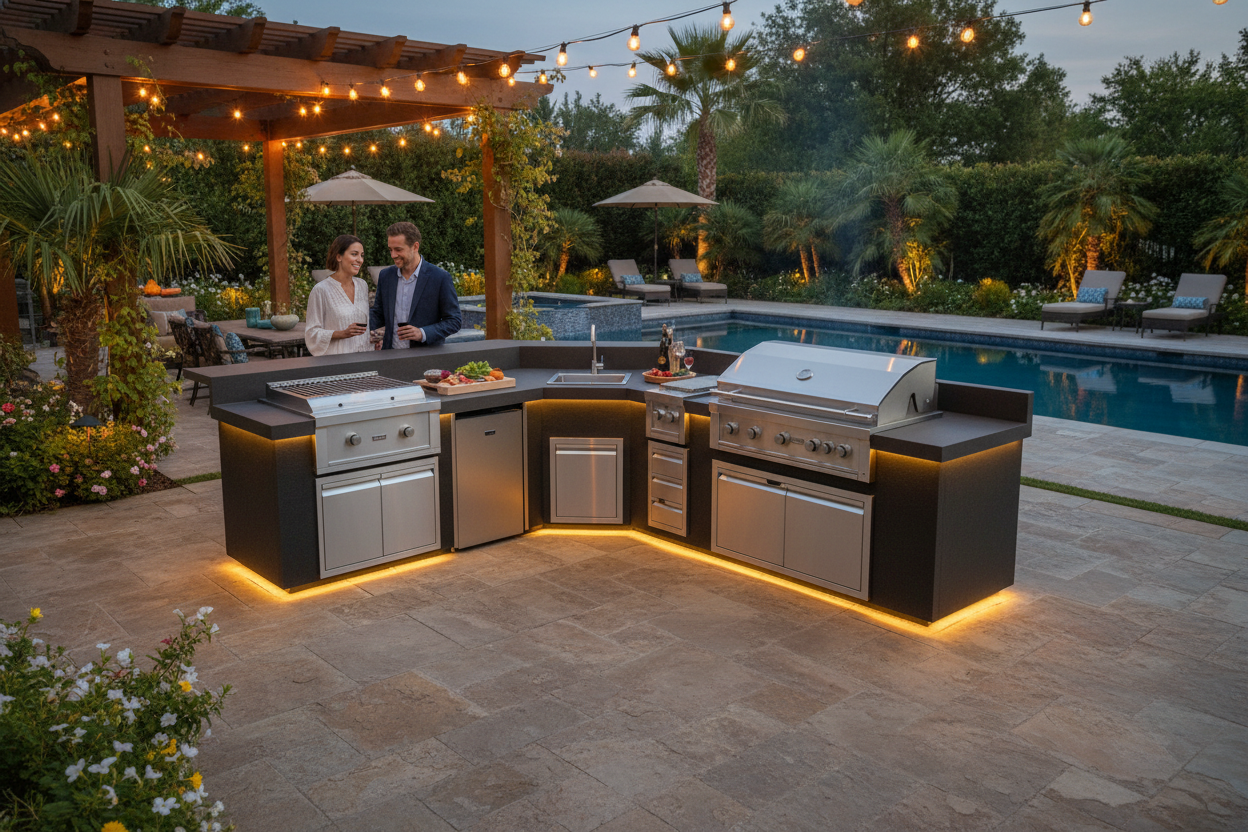Outdoor kitchen island with stainless steel appliances, including a grill, cooktop, and refrigerator, set on a stone patio next to a swimming pool at dusk with a couple standing behind it.