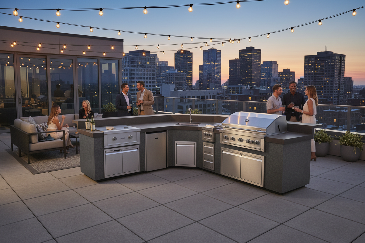 A large outdoor kitchen island set on a rooftop terrace at dusk, featuring stainless steel appliances, gray countertops, string lights, and a city skyline in the background. Several people are gathered around the kitchen area.