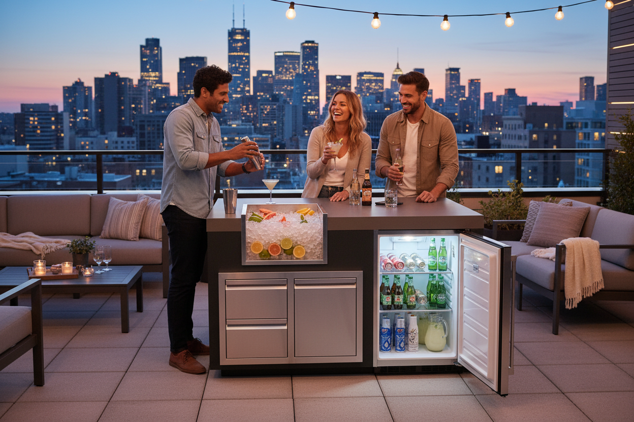 A stainless steel outdoor kitchen island with an open built-in refrigerator on a rooftop patio at dusk, with three people standing around it and a city skyline in the background.