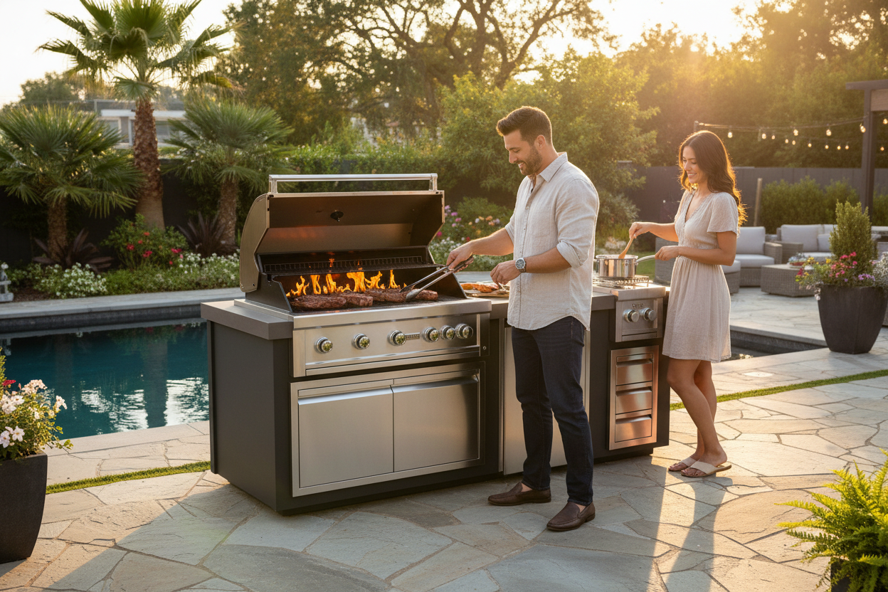 A man and a woman prepare food at an outdoor gas grill set by a swimming pool on a stone patio during sunset. The grill is stainless steel with a dark charcoal base, and the scene is warmly lit.