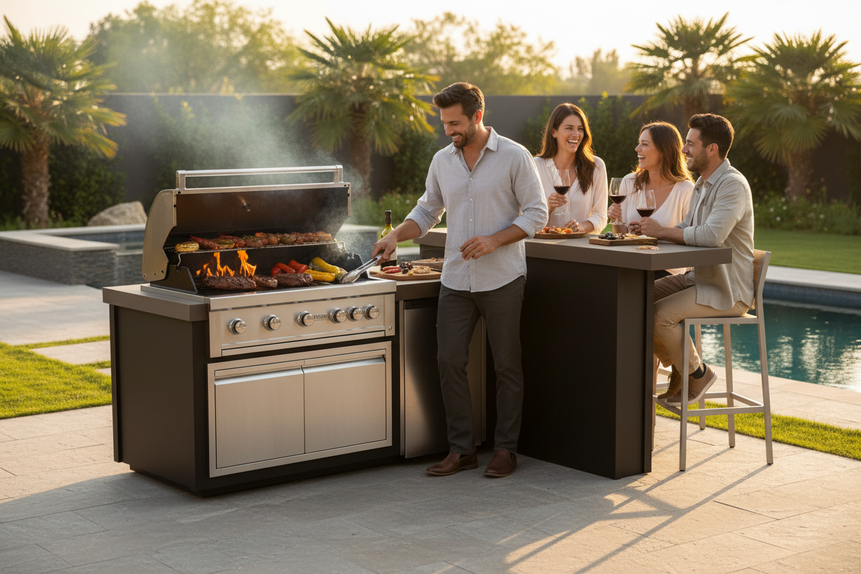 An outdoor kitchen island with a built-in gas grill and bar seating, shown in a backyard setting with a group of people gathered around it at sunset.