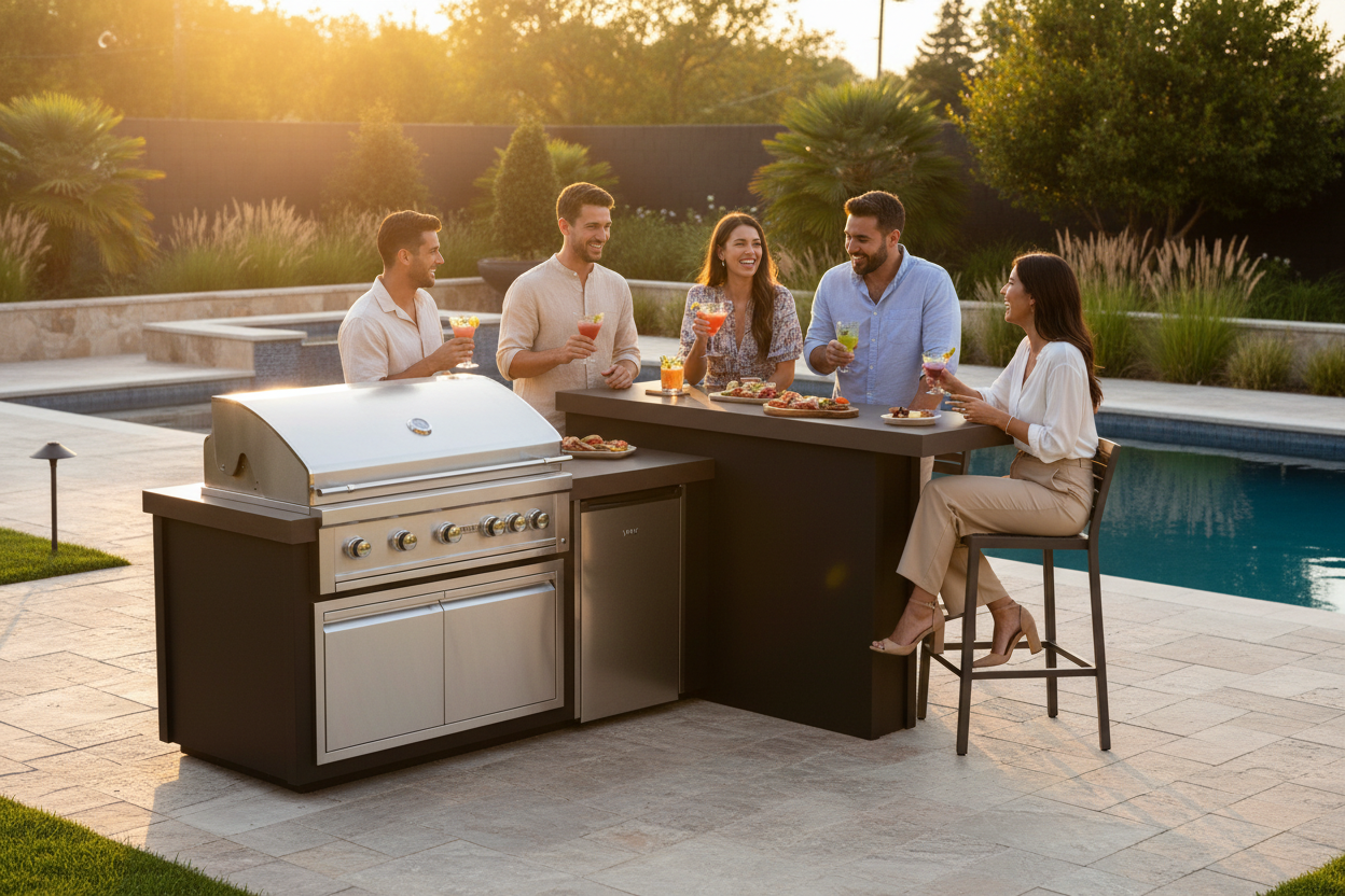 A stainless steel and black outdoor kitchen island set by a pool at sunset, with four people gathered around it grilling and drinking. The scene is set on a paved patio with a landscaped garden background.