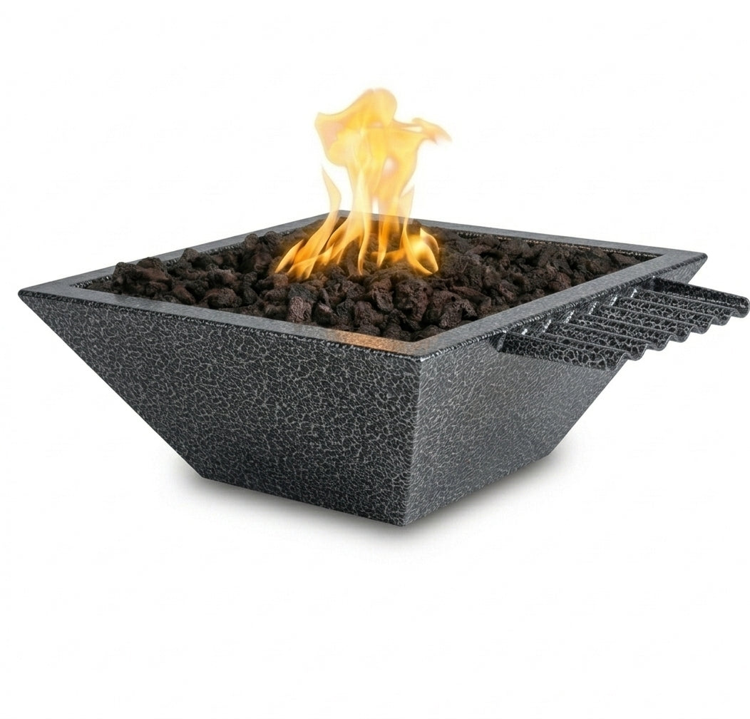 Modern fire pit with flames on a white background