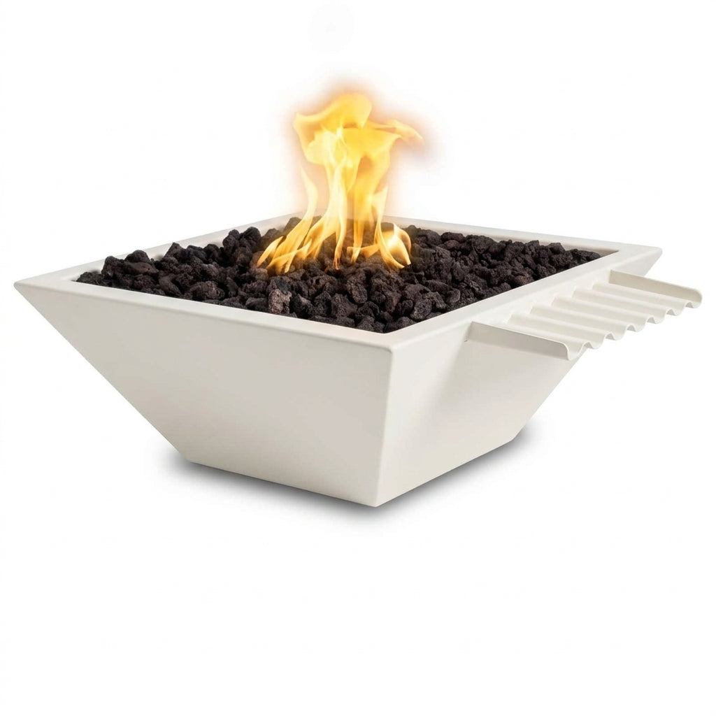 A square white concrete fire pit bowl filled with black decorative stones and lit with a bright yellow-orange flame, shown on a clean white background.