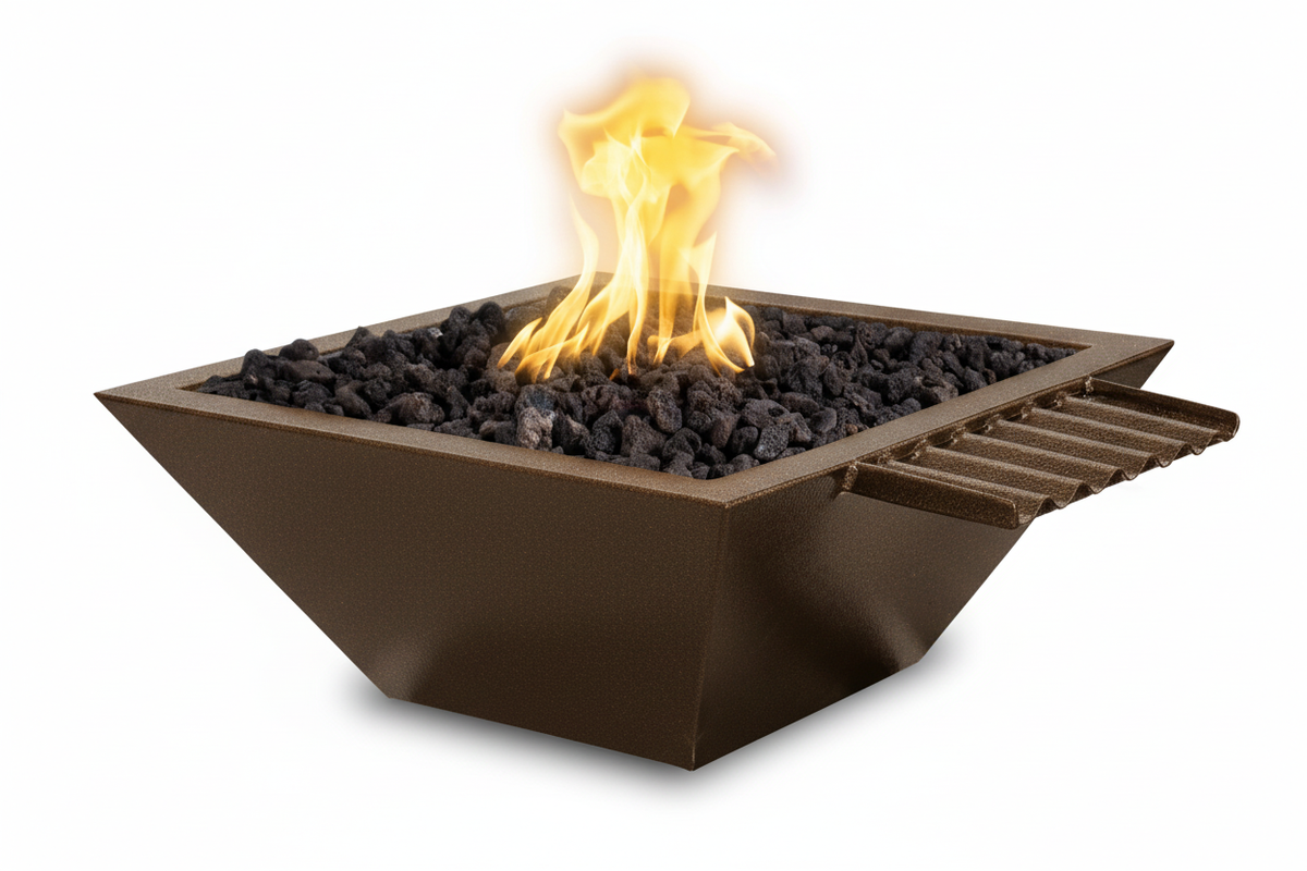 A square outdoor fire pit with a dark brown metal frame, black river rocks, and active orange and yellow flames, shown on a solid white background.