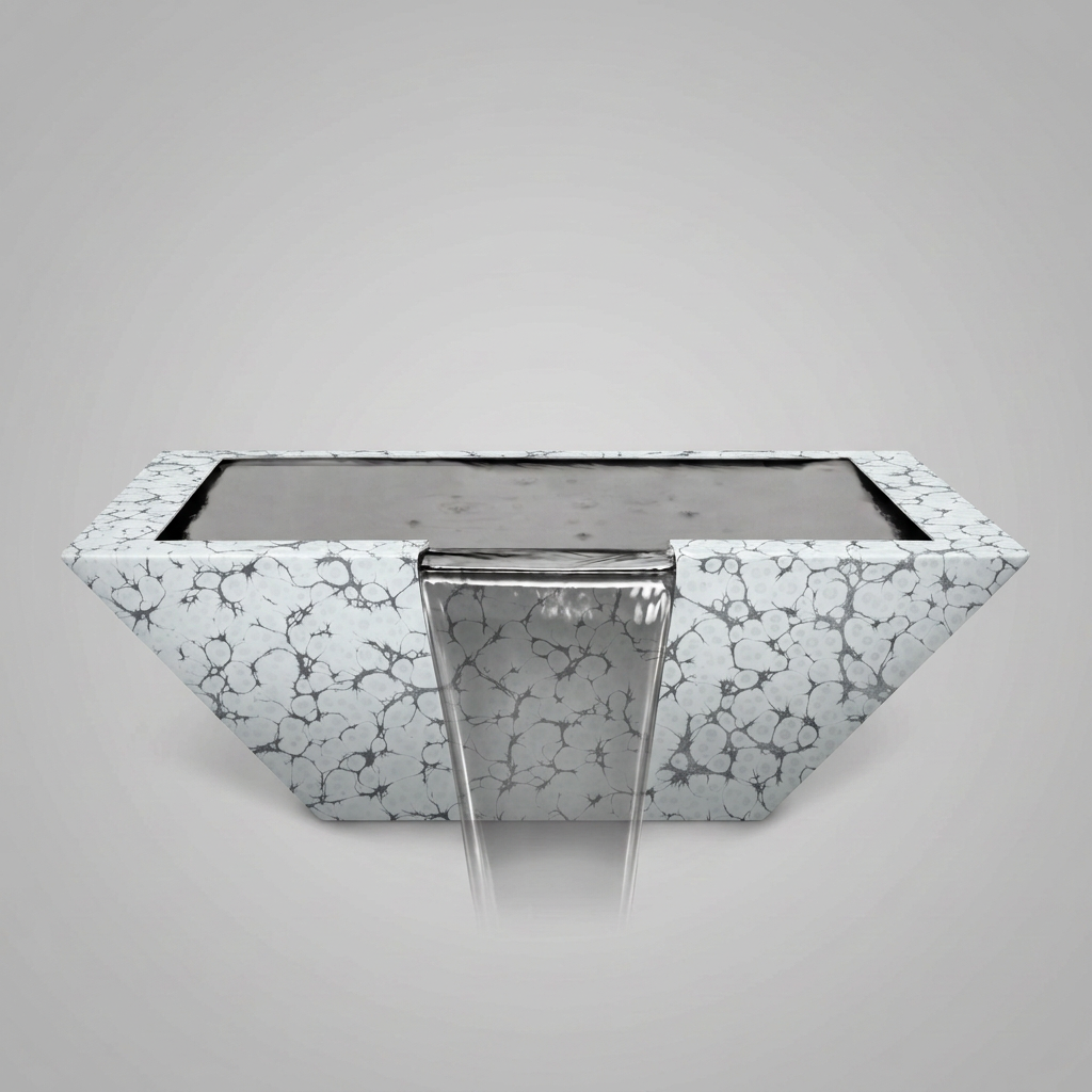 Maya powder-coated water bowl in White Vein on a soft gray background