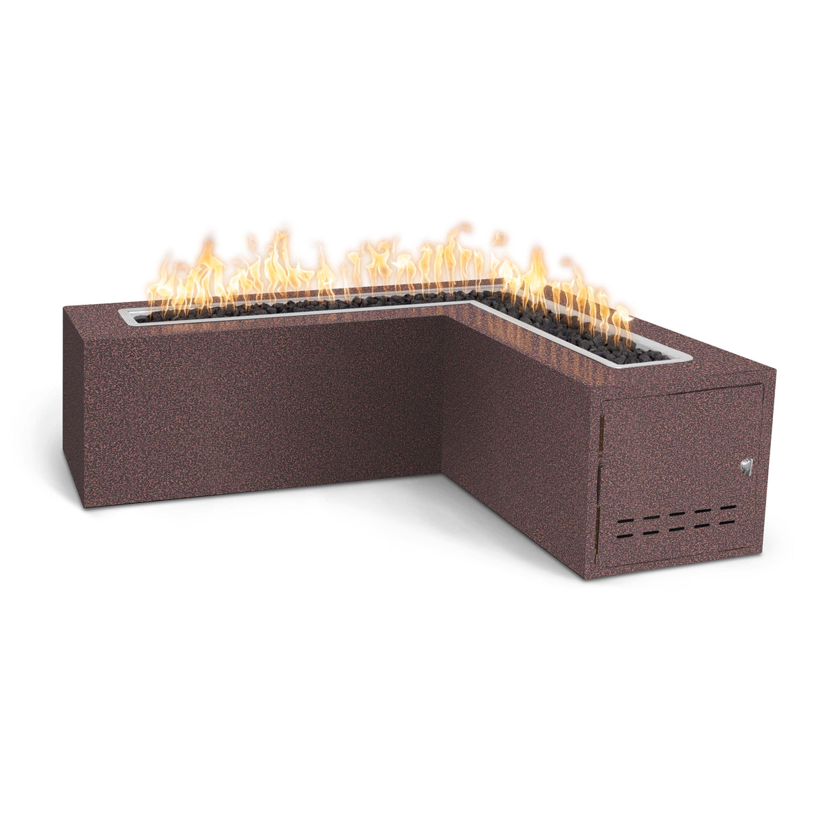 An L-shaped outdoor fire pit table with a textured dark brown finish, shown with active orange and yellow flames burning along the top edge, set against a plain white background.