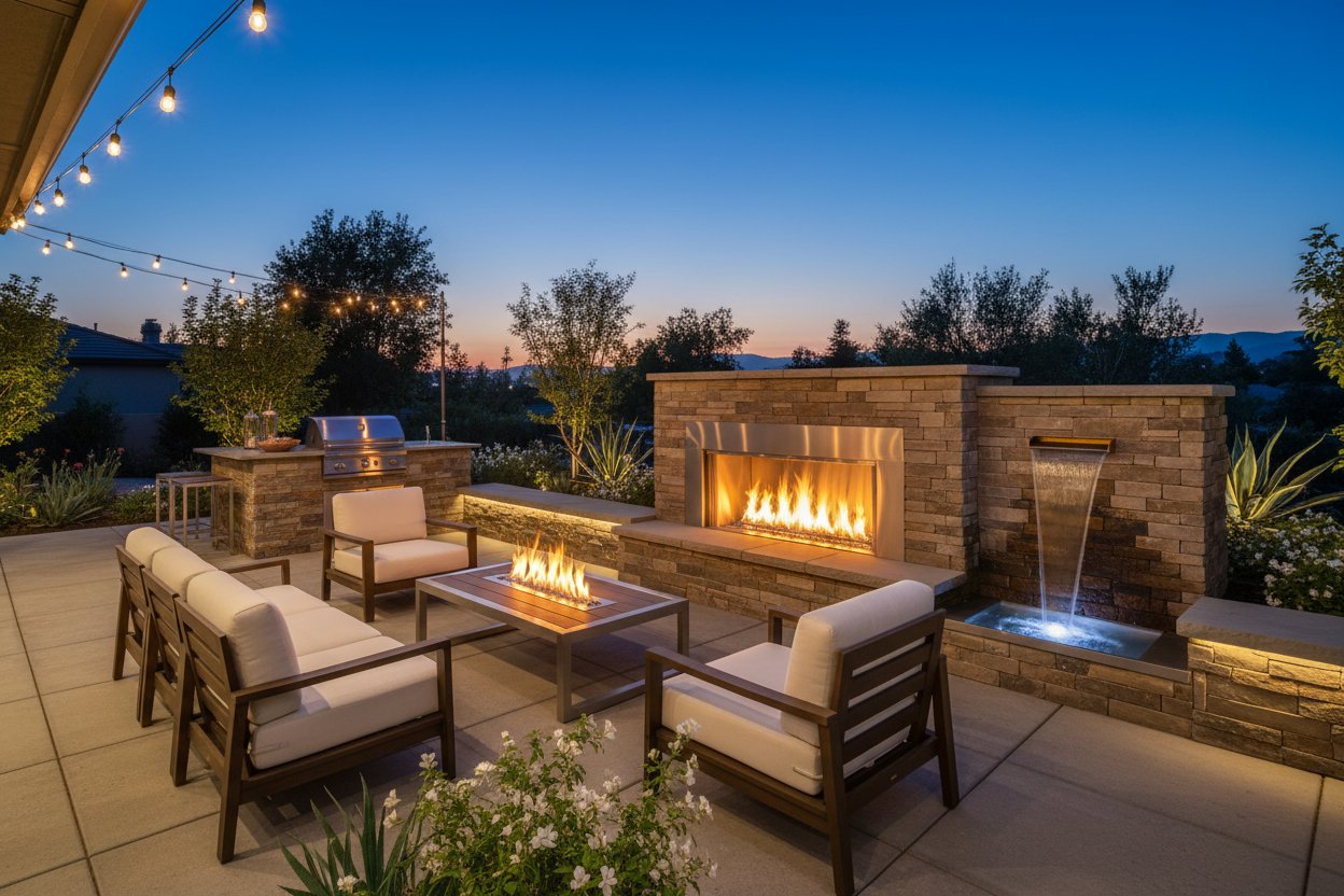 Outdoor patio fireplace setup at dusk with stone fireplaces, string lights, cushioned seating, a coffee table with a visible flame, and a small waterfall feature on a tiled deck.