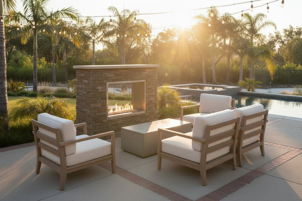 Outdoor patio furniture set with four light wood armchairs and a matching square coffee table, arranged around a stone fireplace in a poolside backyard at sunset.