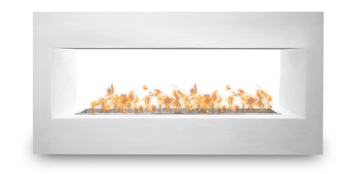 A modern linear fireplace with a white rectangular frame and glowing orange and yellow flames visible through a clear front panel, shown against a plain white background.